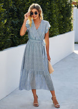 SEVETAT Women's Chiffon Boho Long Dress with Belt Summer Dress Party Dress Elegant V-Neck Maxi Dress Floral Dress Evening Dress Ruffles Beach Dress Cocktail Dress (Light Blue, L)