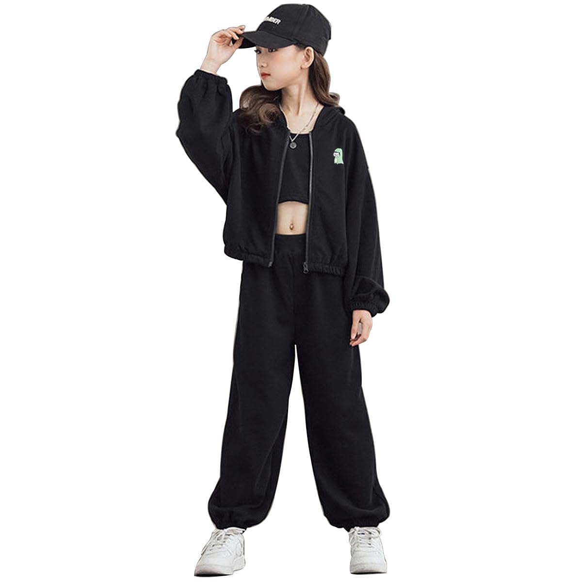 Girls' 3-Piece Jogging Suit Jacket, Pants & Crop Top – Black 116