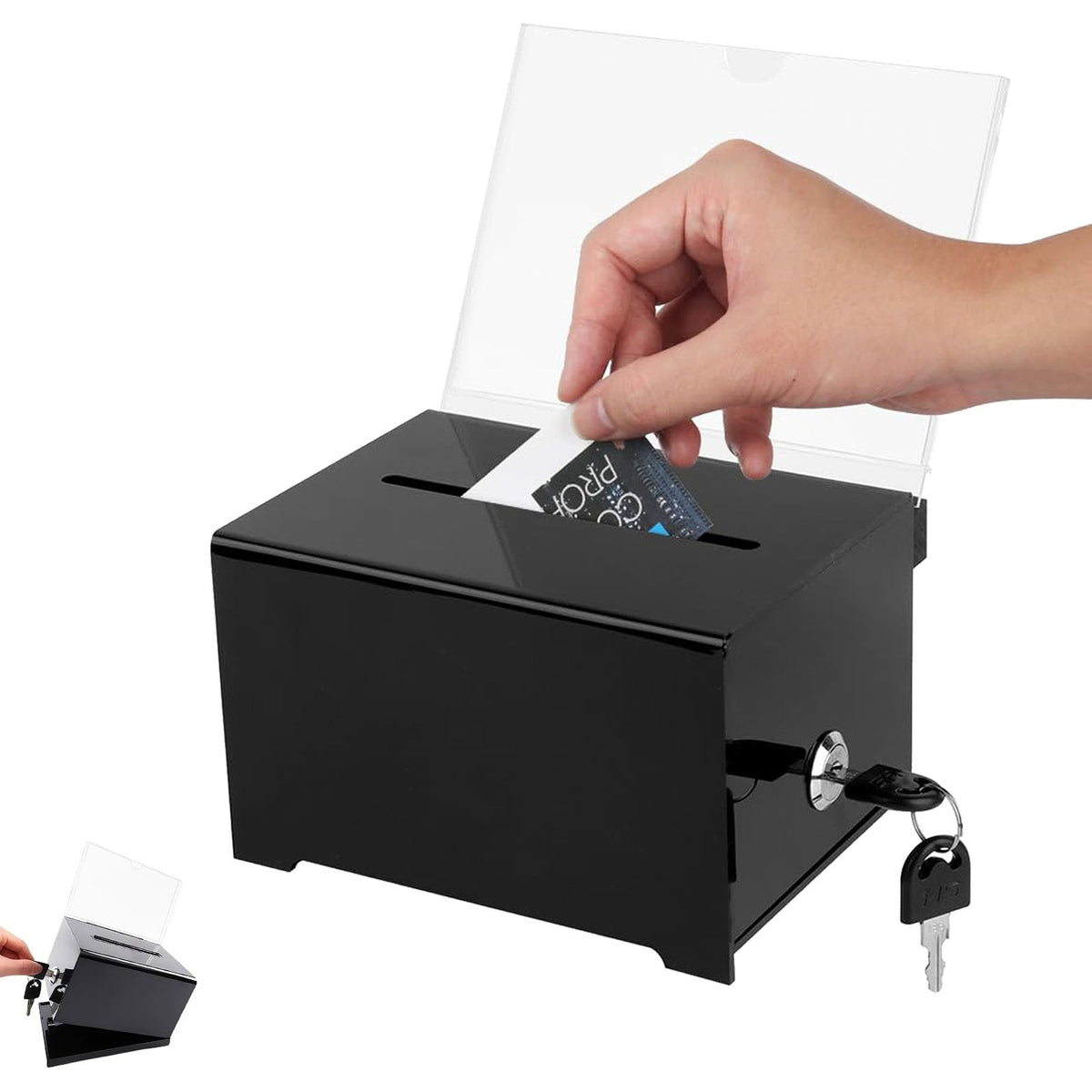 Lockable Acrylic Donation / Ballot Box with Key Lock & Insert Panel – Black