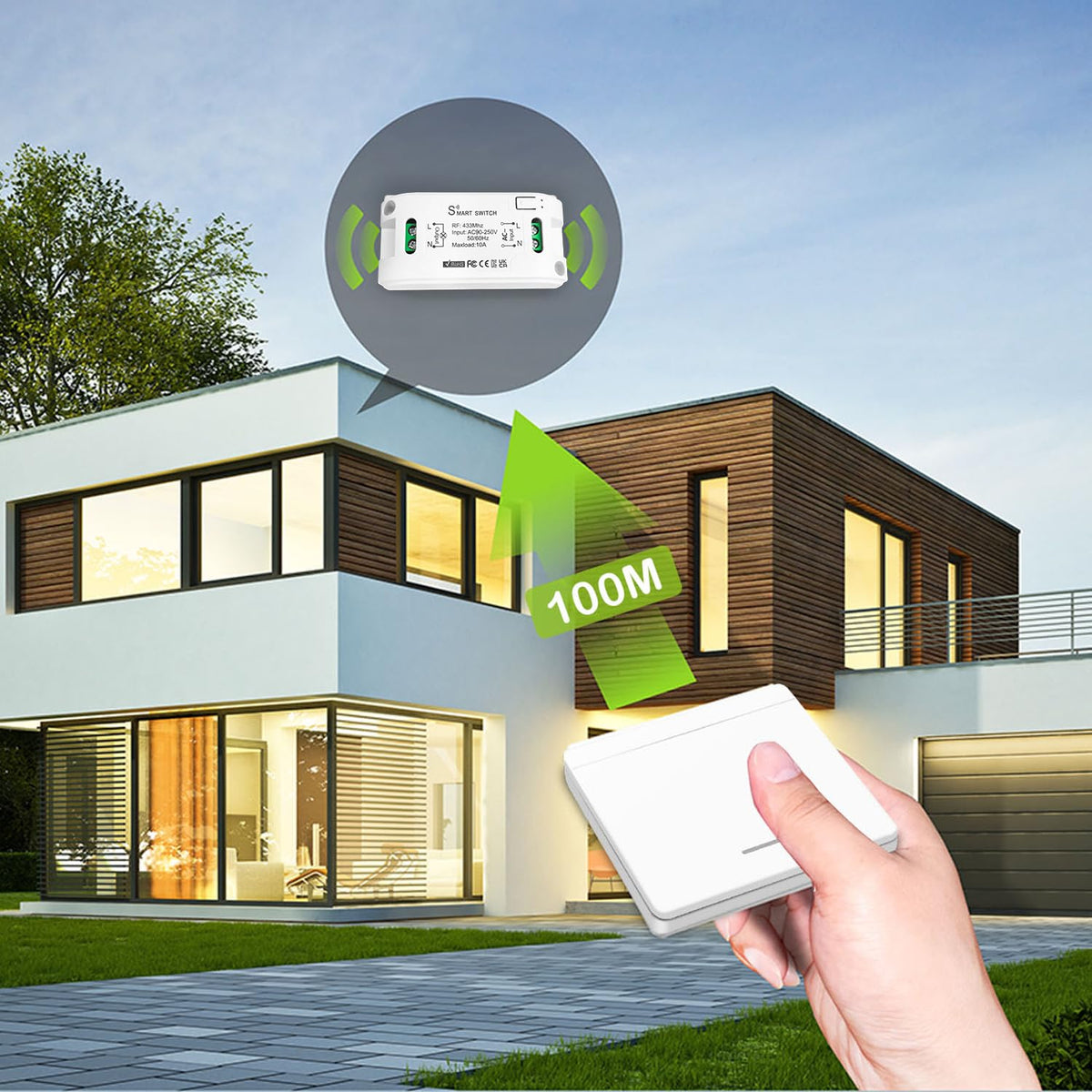 Tedeligo wireless light switch set, removable wireless wall switch transmitter, 100 m wireless control range for lighting devices up to 2300 W, no wiring required, white wireless switch