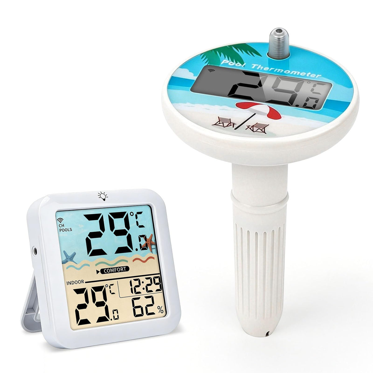Wireless Pool Thermometer Digital Display IP68 Range up to 100m for Pools Ponds – White