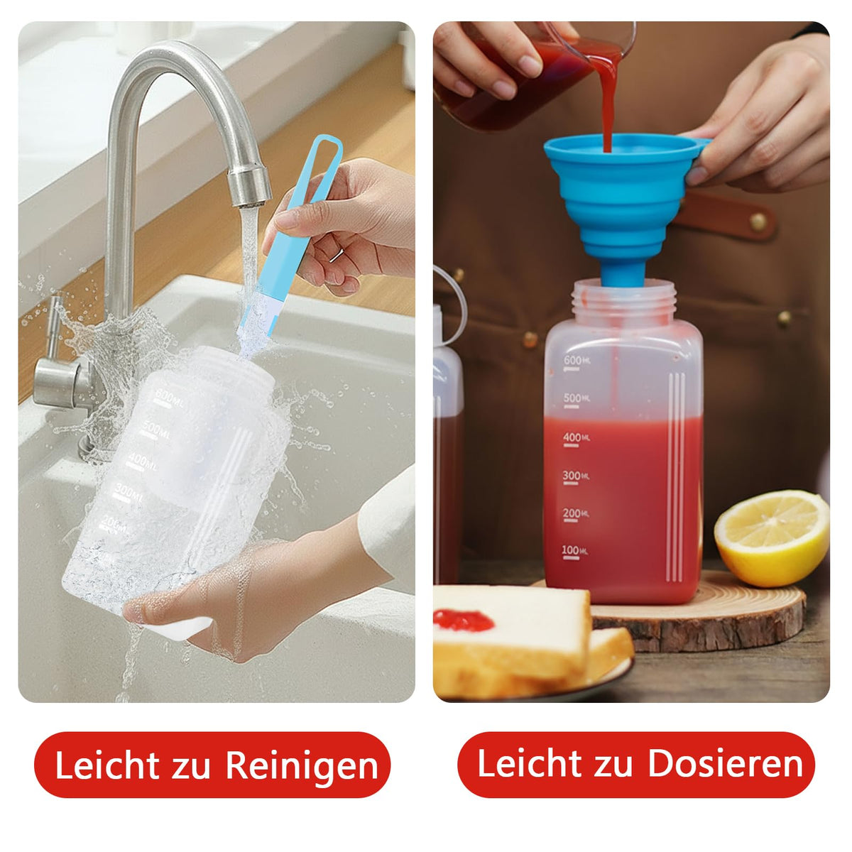 Squeeze Bottles Wide-Mouth 600ml 4-Pack Dispensing Bottles – Clear 600ml