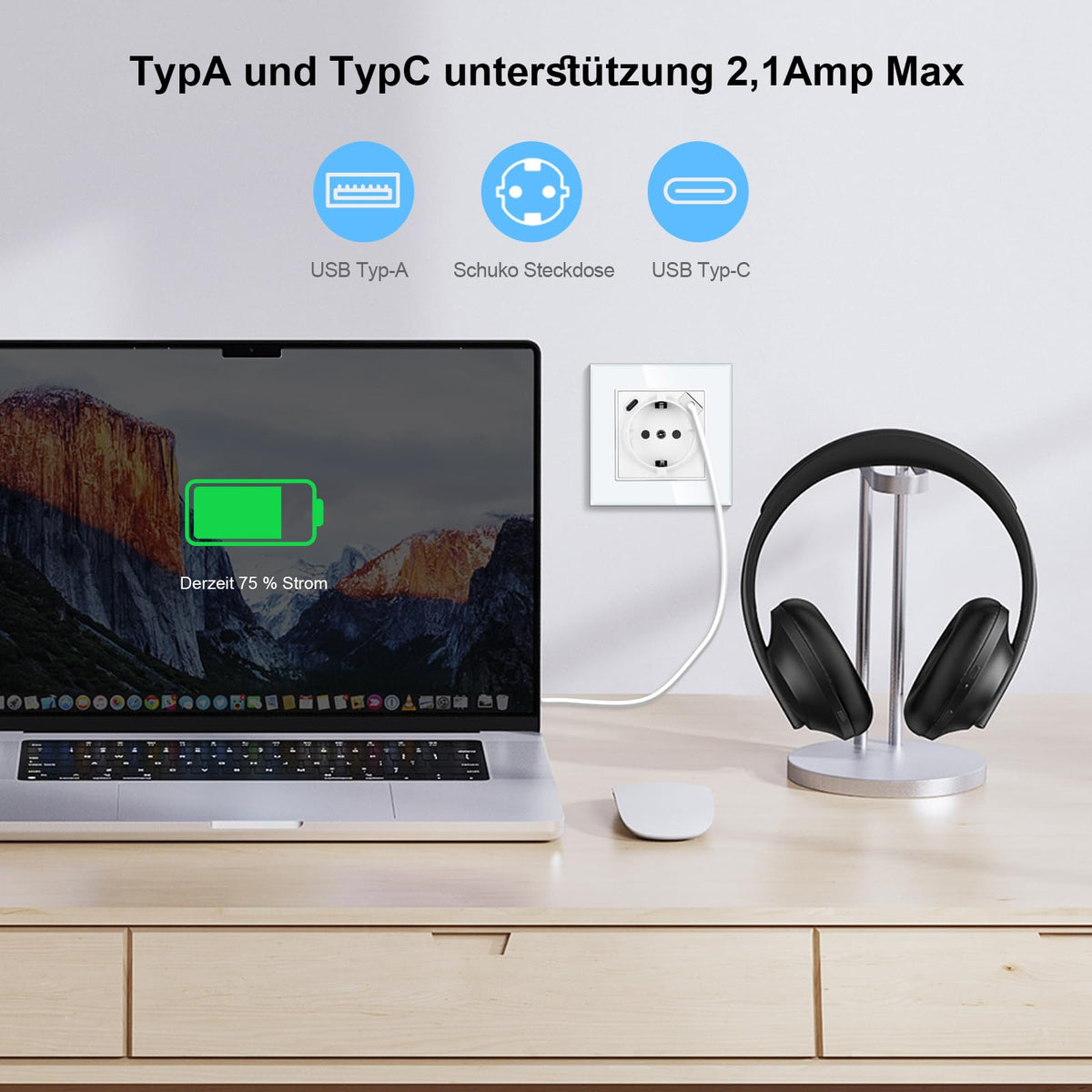 CNBINGO USB triple socket with claws - glass Schuko socket flush-mounted with USB connection - 1× (Type-C and USB-A Max.2.1 Amp) - triple white wall socket with child safety lock - JFGM1