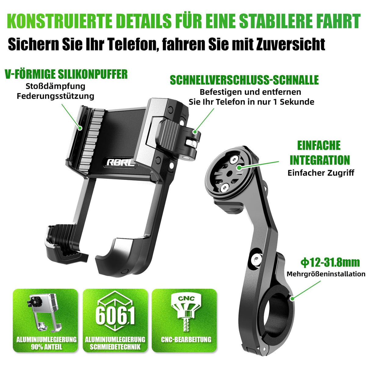 Handlebar Phone Mount Quick Release CNC Aluminium Anti-Vibration V-Clamp Fits 4.7–7.2in Smartphones