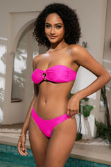 Costum de baie bandeau damă cu inel metalic și șnururi două piese – Roz Neon L