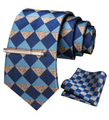 Set cravată în carouri pentru bărbați cu batistă și ac de cravată – Carouri Bleumarin/Kaki