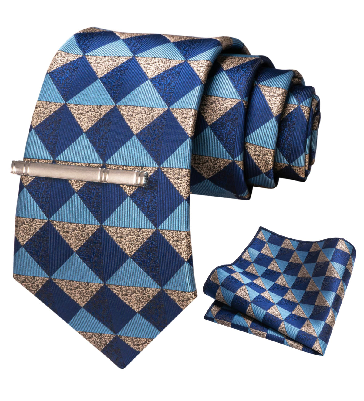 Set cravată în carouri pentru bărbați cu batistă și ac de cravată – Carouri Bleumarin/Kaki