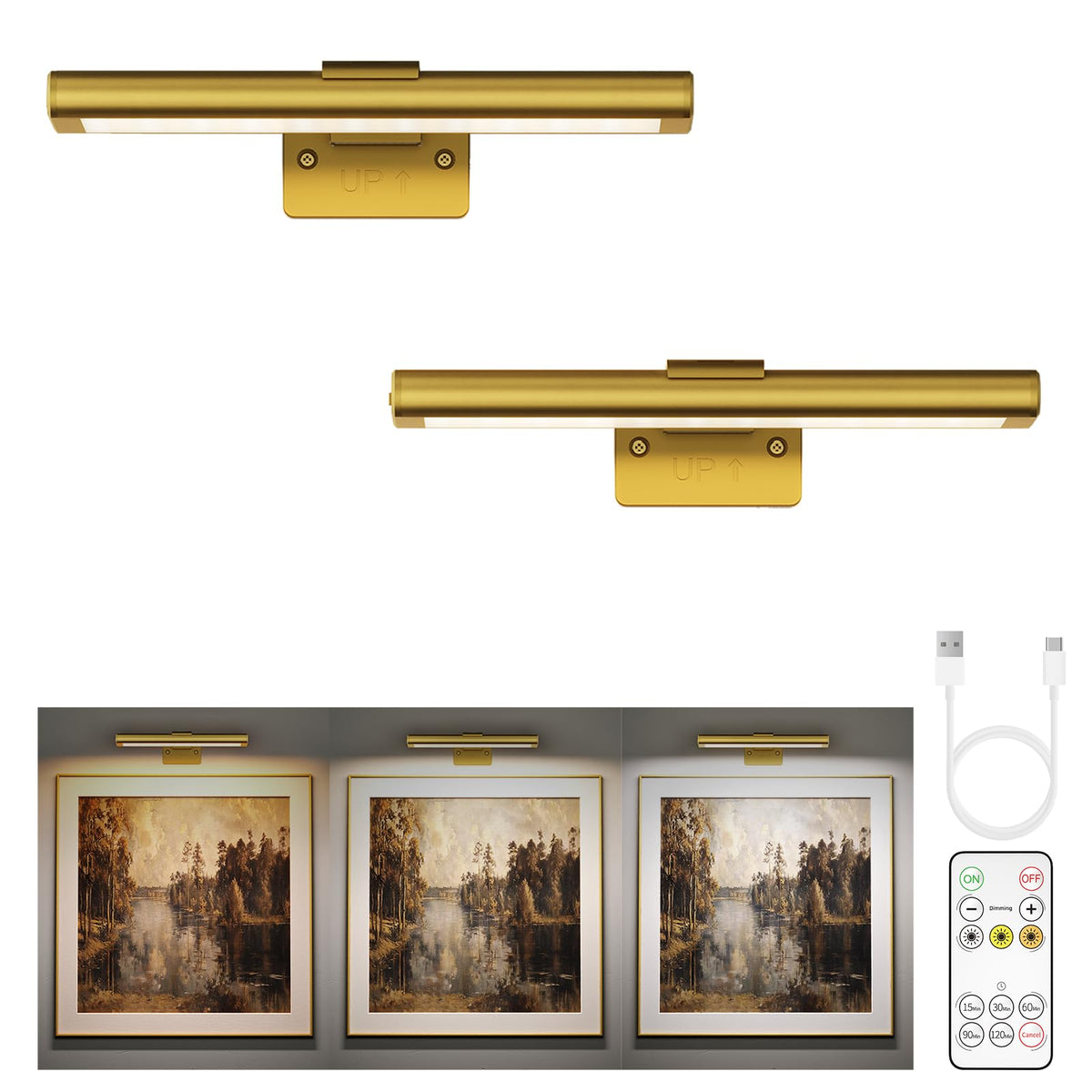 Lampă magnetică wireless pentru tablouri cu telecomandă și timer 2400mAh, set 2 buc – Auriu