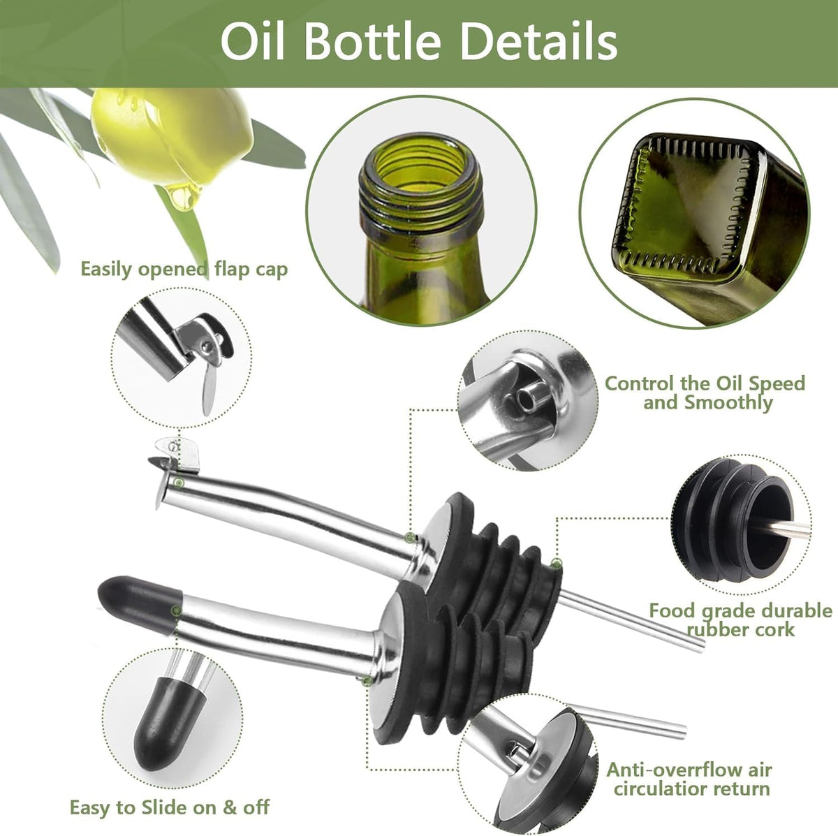 Oil & Vinegar Bottle Set 2×500ml Glass with Pourers Anti-Drip – Green