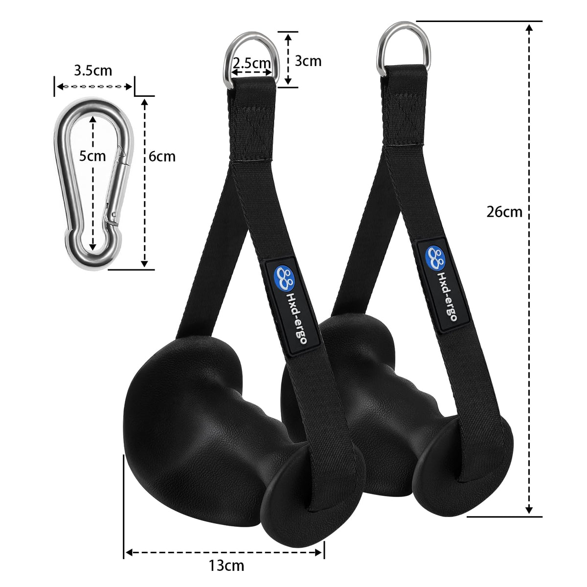 Mânere ergonomice pentru benzi elastice și scripete fitness HXD-ERGO cu inel D metalic, set 2 buc