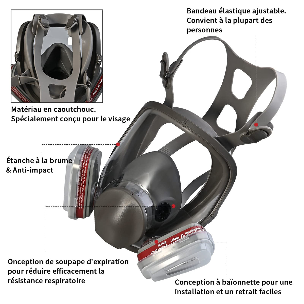 faburo Reusable Full Face Respirator, Face Protection Respirator with 10 Replacement Filters 5 Pairs Gloves for Paint Particles Dust Chemicals