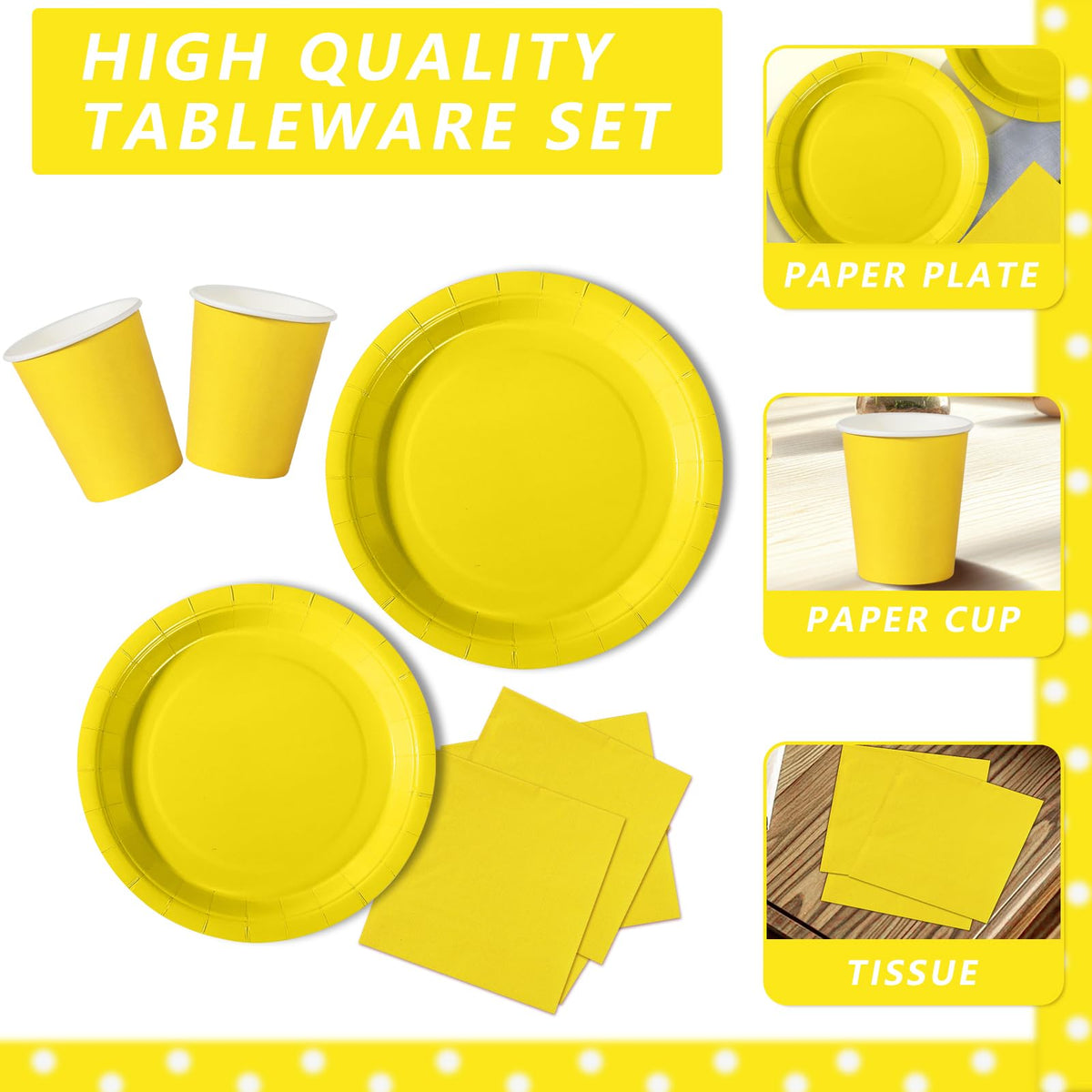 Paper Tableware Set 50pcs Yellow Paper Plates & Cups for Parties – Yellow