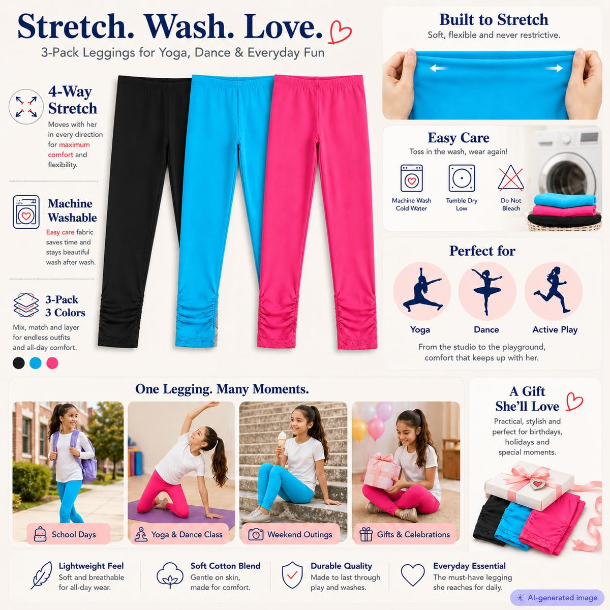 Girls' Knitted Stretch Leggings Cotton School Yoga Tights – Size 158 Black