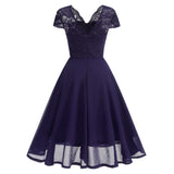 Rochie de cocktail vintage anii 1950, până la genunchi, decolteu în V, șifon și dantelă, croială cloș în A – Mov L