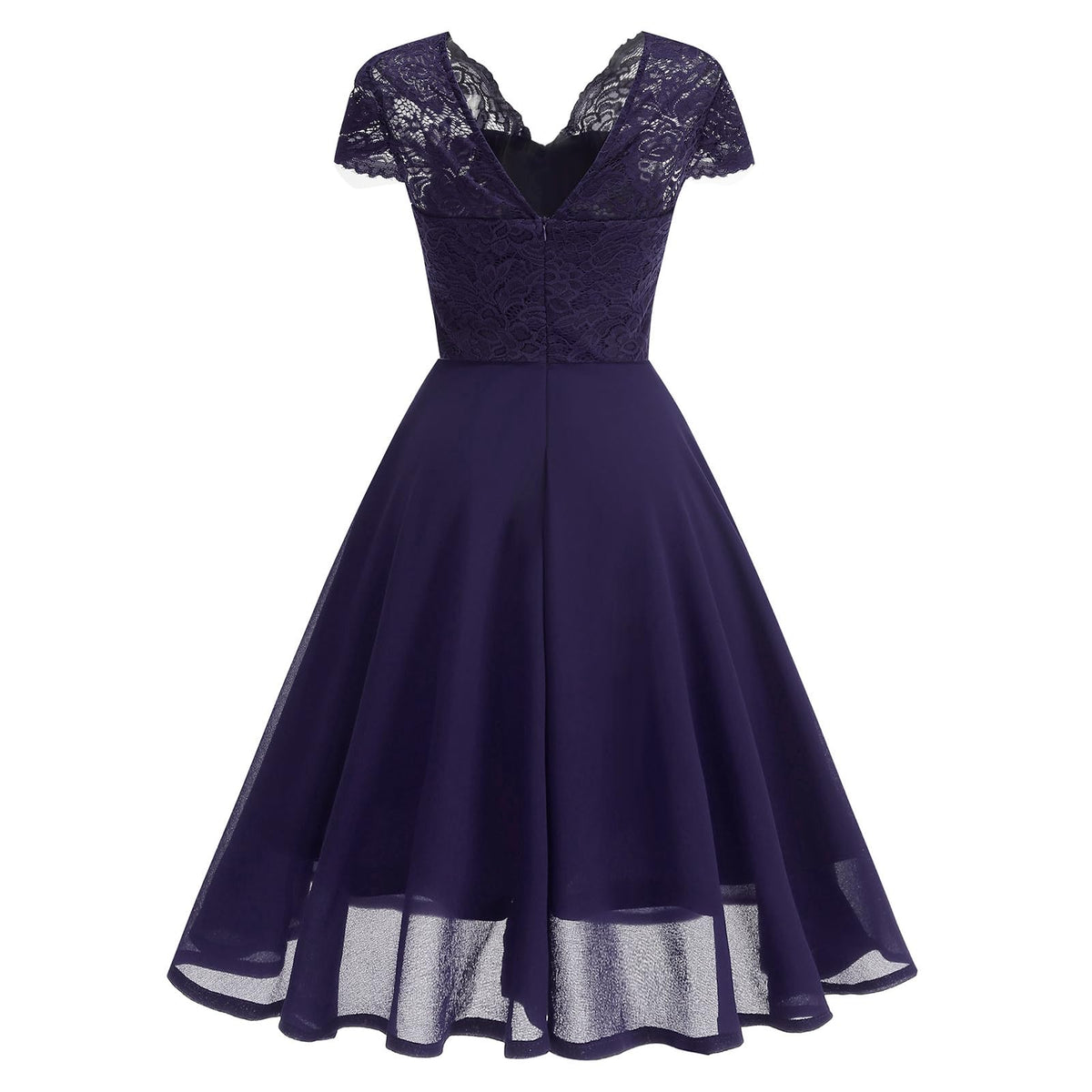 Rochie de cocktail vintage anii 1950, până la genunchi, decolteu în V, șifon și dantelă, croială cloș în A – Mov L