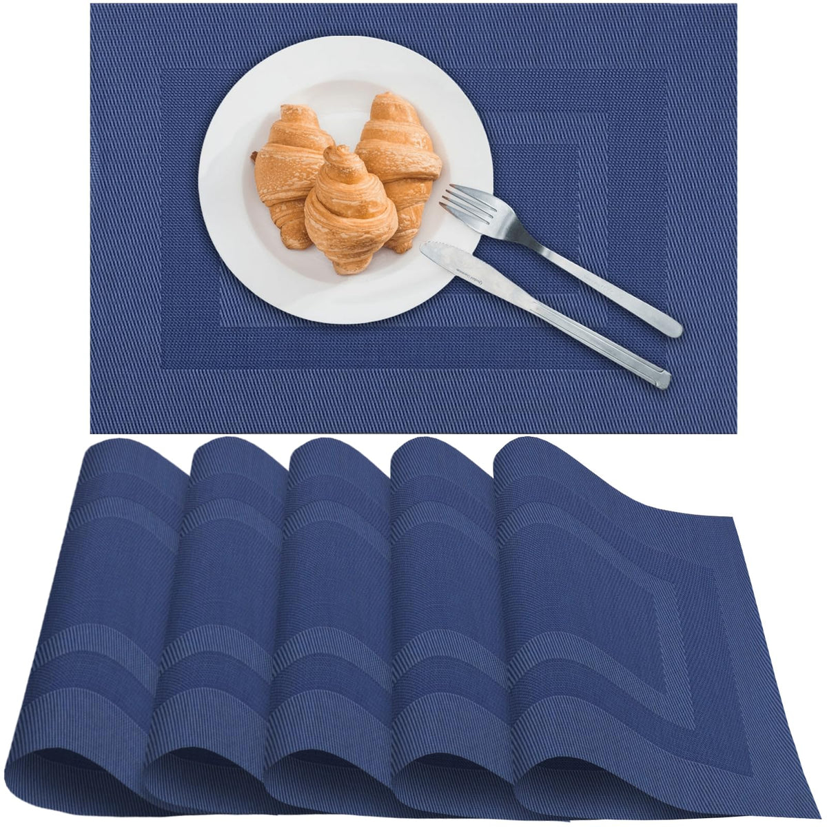 Washable PVC Placemats Set of 6 Heat-Resistant Wipeable 30x45cm - Blue