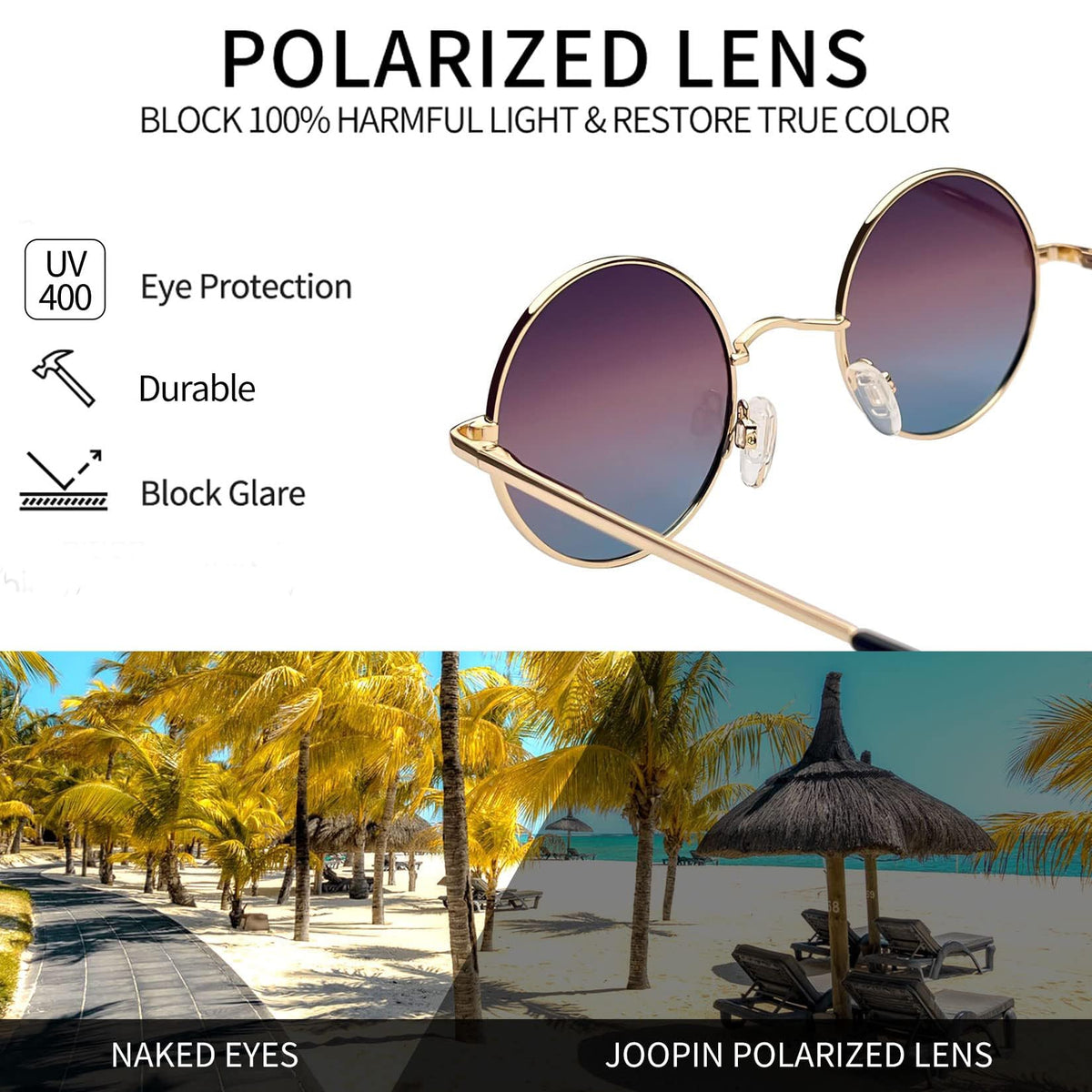 Ochelari de soare rotunzi polarizați UV400 stil steampunk Joopin cu ramă metalică – Maro-Albastru