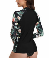 Women’s Rash Guard Full‑Zip Long Sleeve UPF50+ Quick‑Dry – Black Leaves 3XL