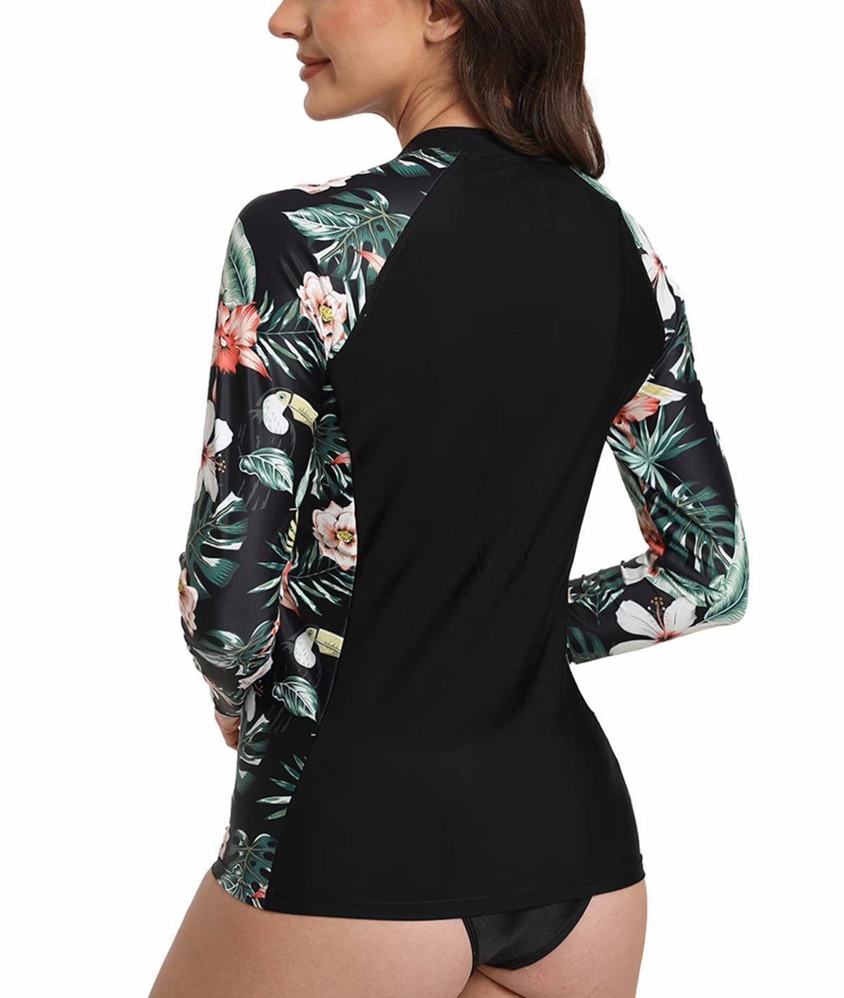 Women’s Rash Guard Full‑Zip Long Sleeve UPF50+ Quick‑Dry – Black Leaves 3XL