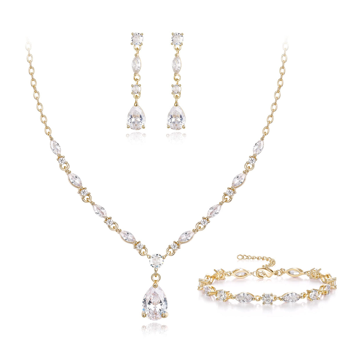 EVER FAITH Cubic Zirconia Jewelry Set for Bride Bridesmaid, Sparkling Elegant Teardrop Pendant Necklace Dangle Earrings Bracelet for Women Clear Gold Tone