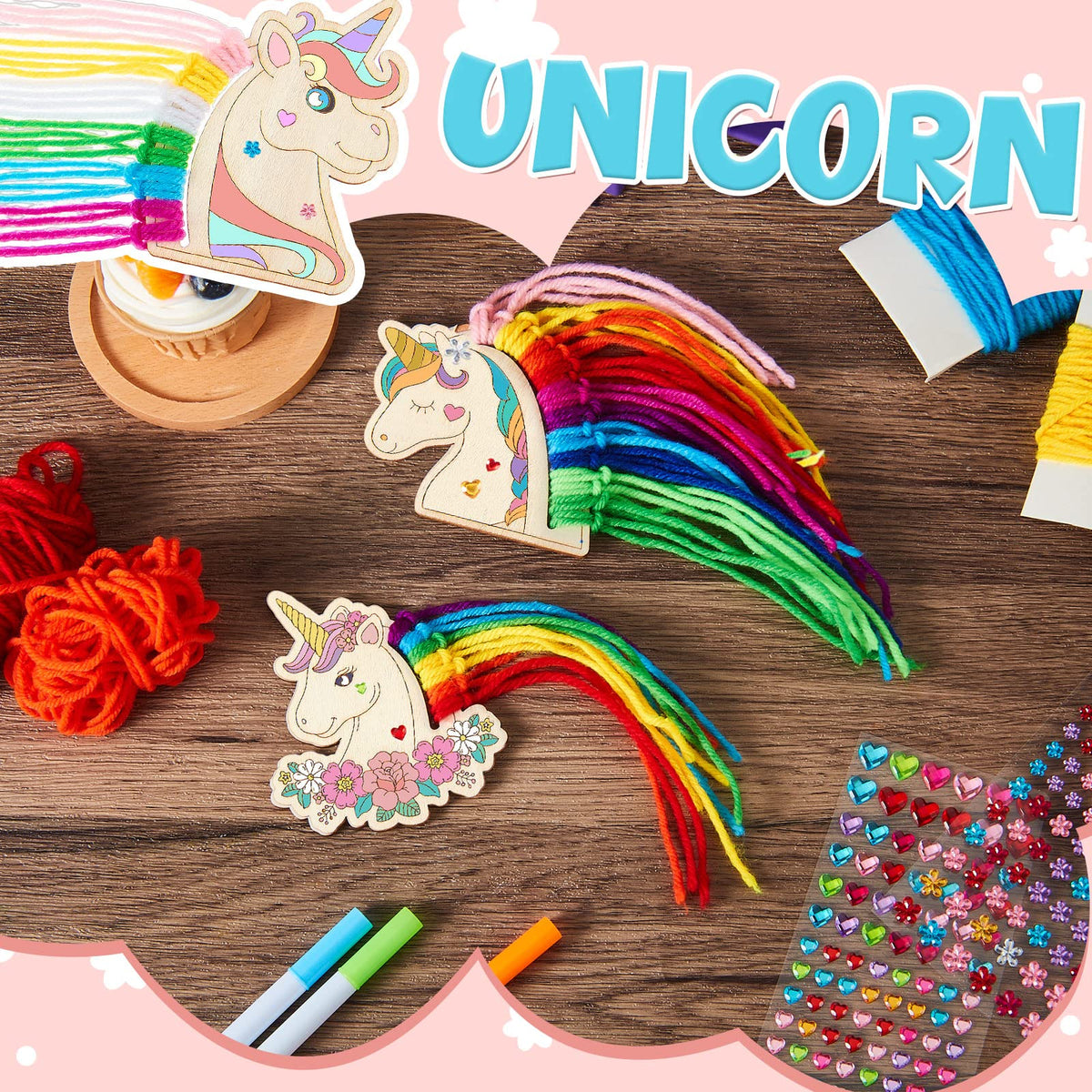 Harrycle 16 Set Wooden Unicorn Craft Set Children Unicorn Fridge Magnets Make Your Own Unicorn and Self-Adhesive Glitter Stones DIY Kit for Girls Boys Birthday Party Painting with the Family