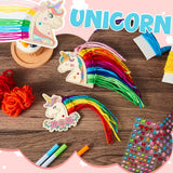 Harrycle 16 Set Wooden Unicorn Craft Set Children Unicorn Fridge Magnets Make Your Own Unicorn and Self-Adhesive Glitter Stones DIY Kit for Girls Boys Birthday Party Painting with the Family
