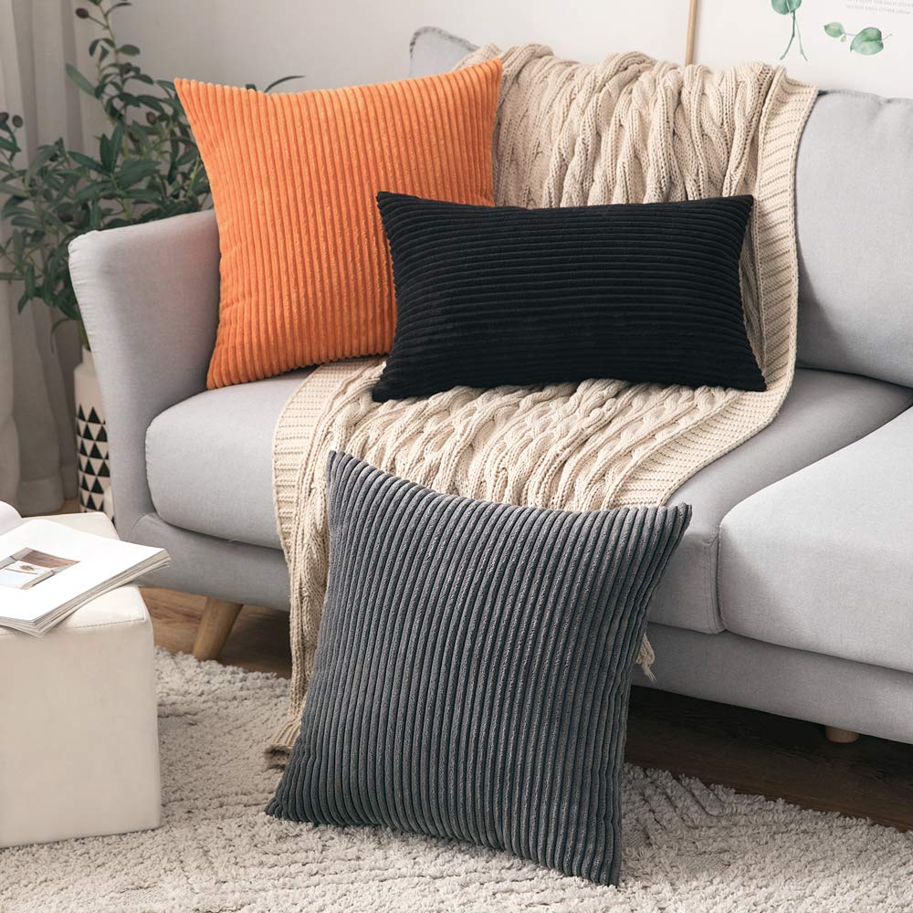 Fețe de pernă decorative din catifea corduroy raiată MIULEE cu fermoar ascuns 40x40 cm, set 2 bucăți – Gri