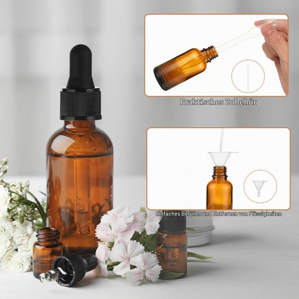 Amber glass dropper bottles 30ml pack with droppers & funnel accessories – 30ml 6-pack