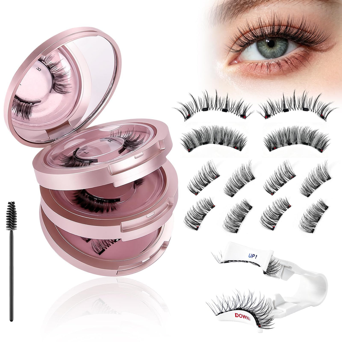 Magnetic False Eyelashes Set 4 Pairs with Applicator & Mirror Box – Pink