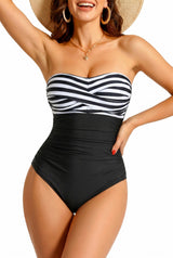 Strapless Tummy Control Swimwear One Piece Bandeau Padded – Black Stripe