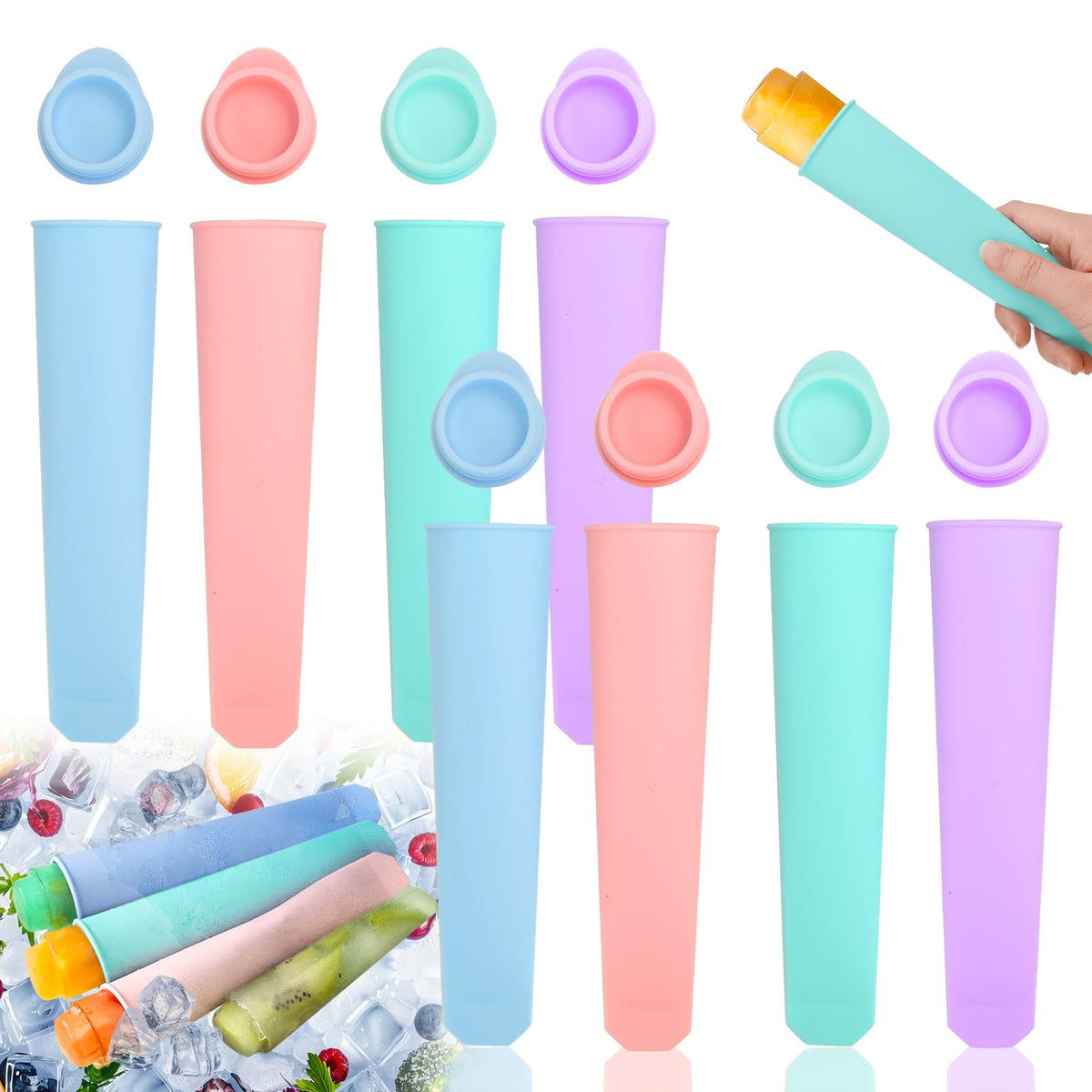 Silicone Ice Pop Moulds 8-Pack Reusable Popsicle Moulds with Sticks – Multi-colour