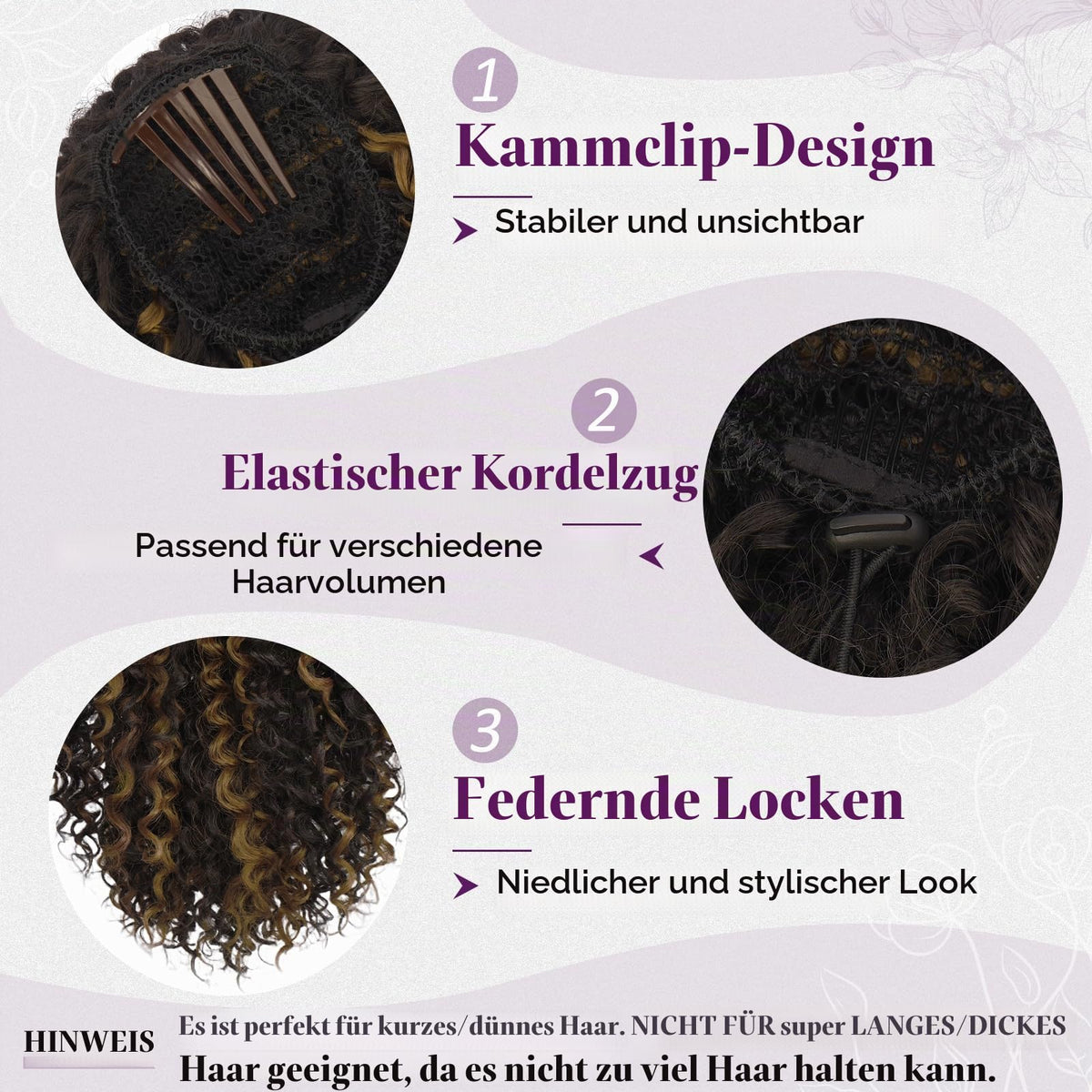 Curly Ponytail Extension 45cm Drawstring Comb Clip – Black Brown with Highlights