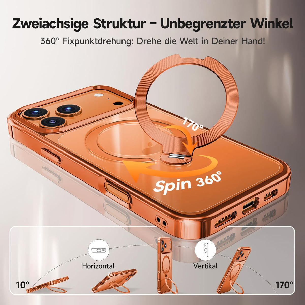 Husă magnetică 3-în-1 pentru iPhone 17 Pro Max compatibilă MagSafe cu inel rotativ 360° – Portocaliu