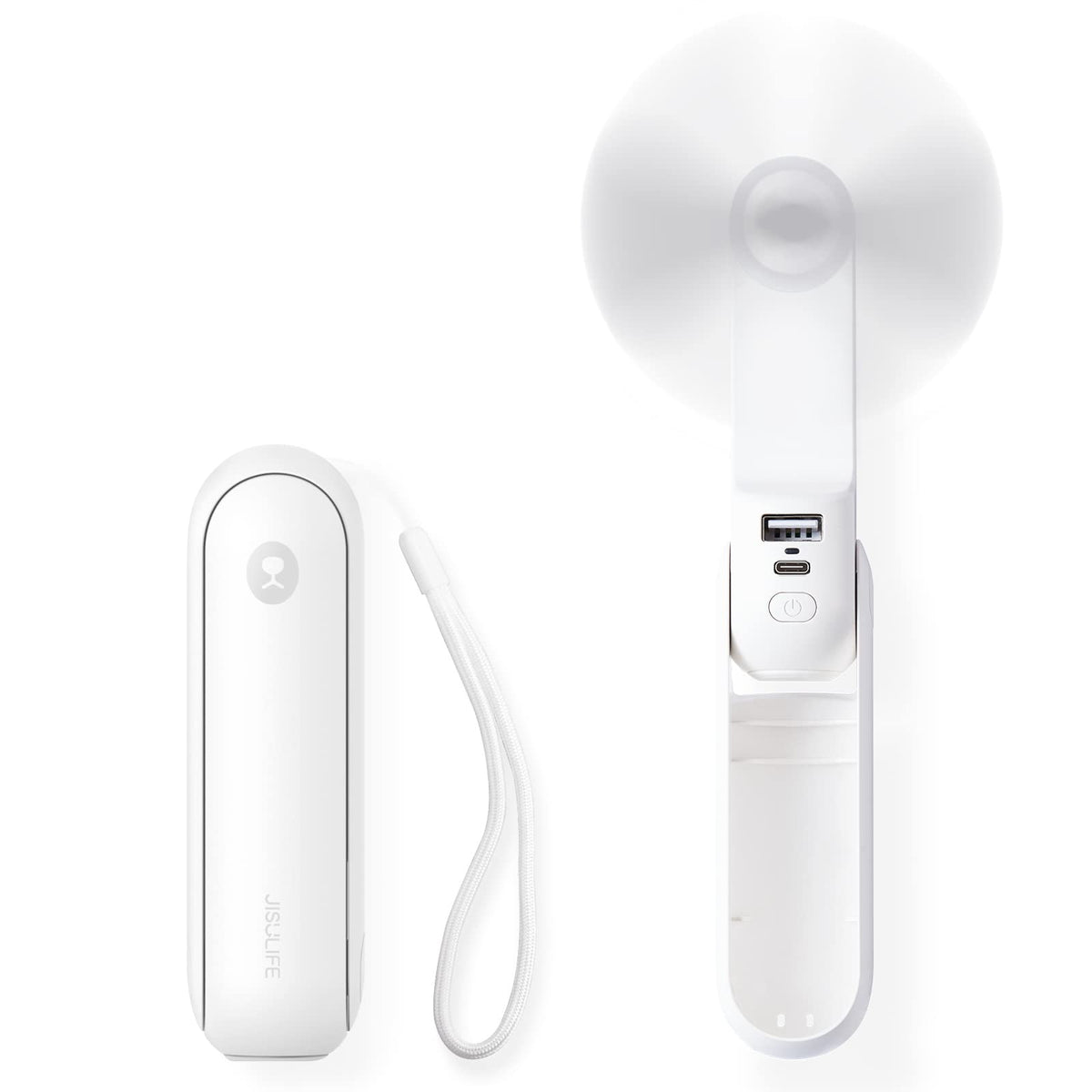 JISULIFE Handheld Fan, Mini Portable Handheld Fan, Battery Operated [14-21 Hours], Rechargeable, Foldable USB Fan, Quiet Personal Fan with Power Bank, Flashlight - White
