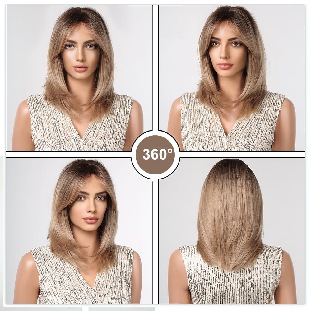 Short Straight Ombre Blonde Bob Wigs with Curtain Bangs – 24 Inch