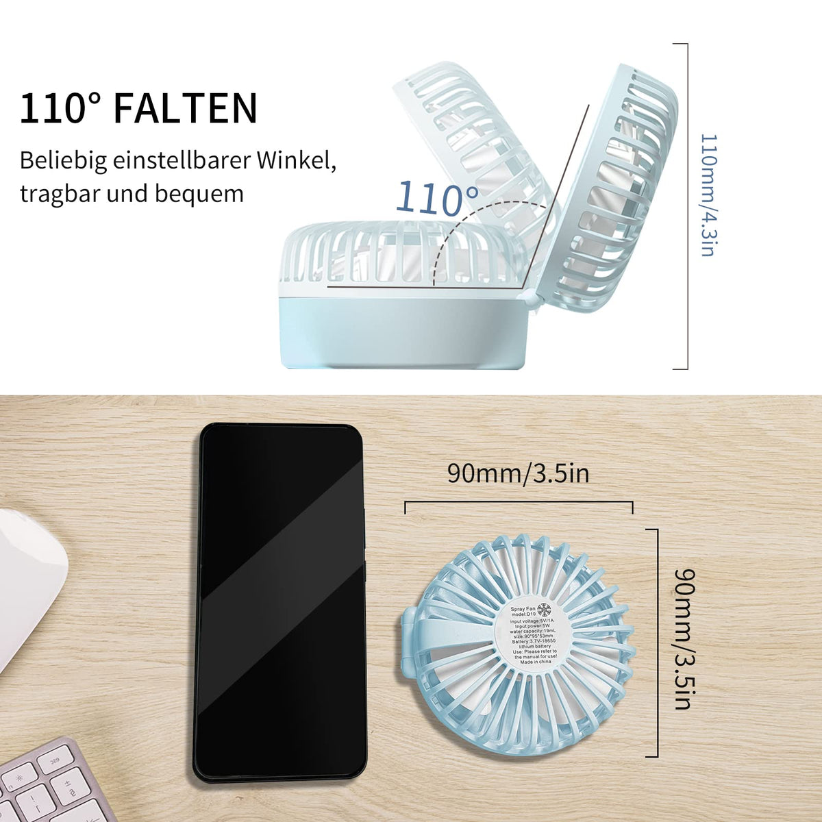 Mini ventilator portabil de mână cu pulverizare vapori de apă răcoritori – Albastru