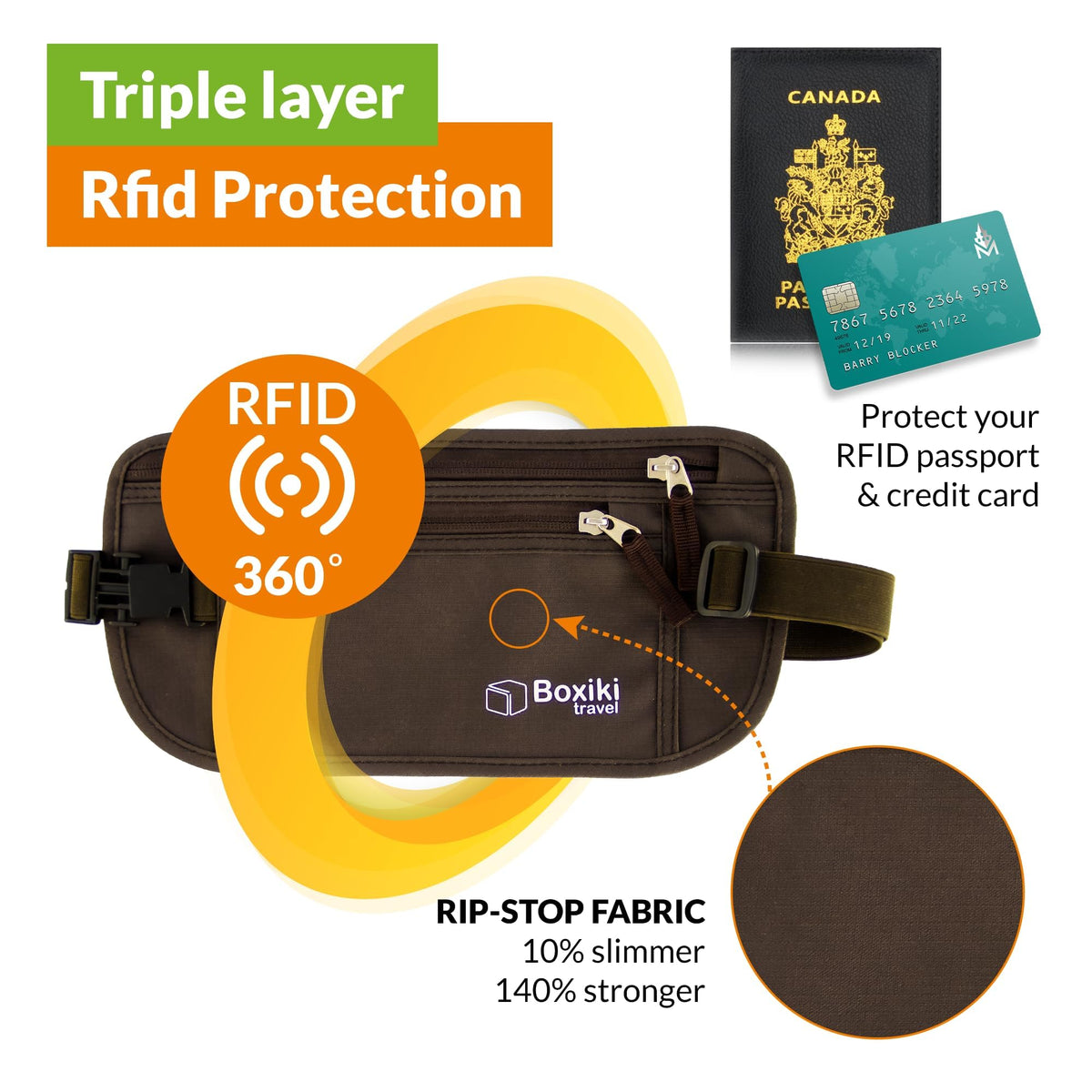 Boxiki Travel RFID Blocking Passport Holder Slim Money Belt – Brown