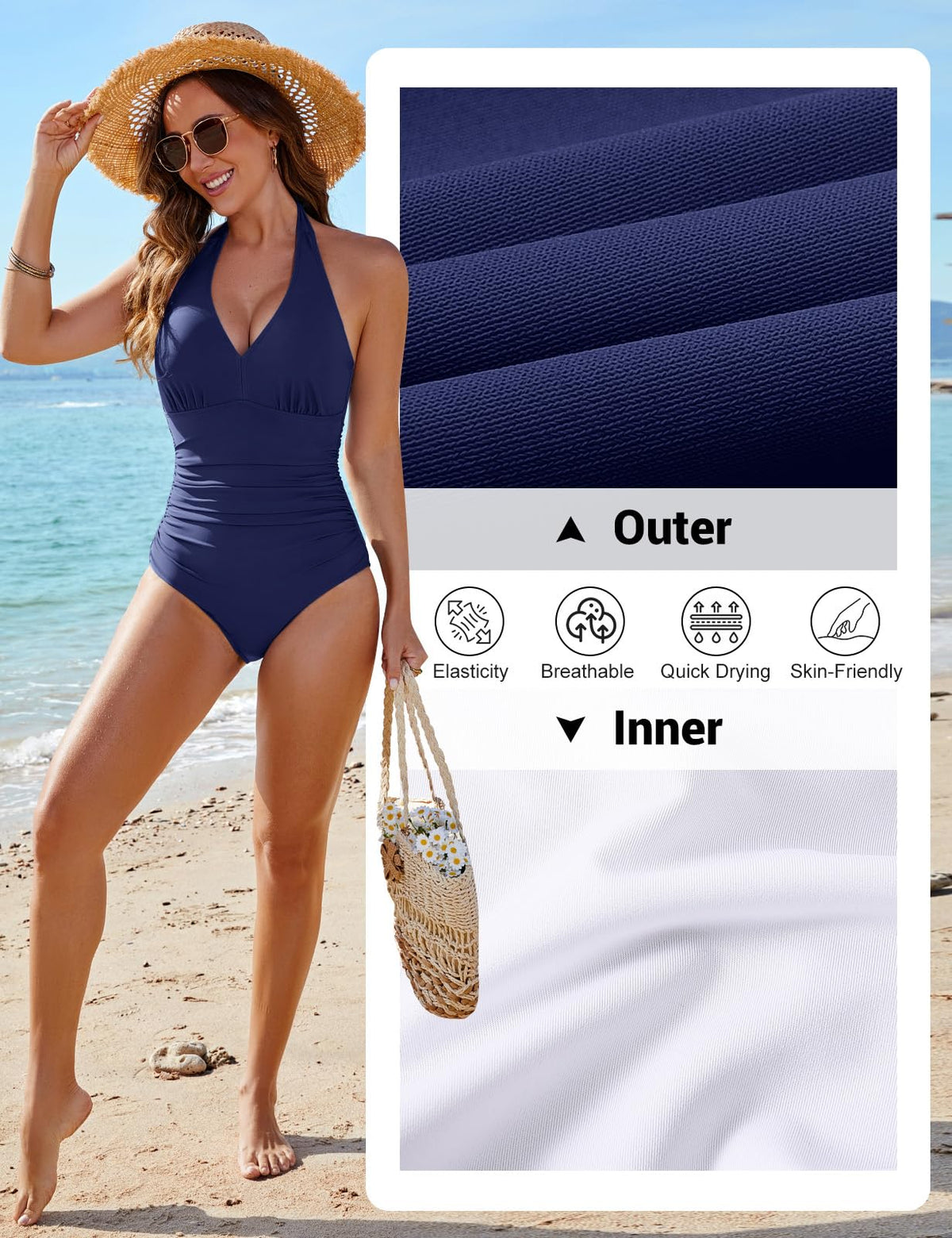 Costum de baie întreg damă push-up buretat cu drapaj modelator – Bleumarin S