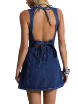 Women's Denim Mini Dress Backless A-Line Summer – Blue L