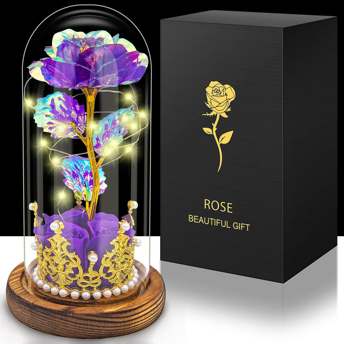 Hemiro Eternal Rose in a Glass, Mother's Day Gifts for Mom, Rose in a Glass with LED in a Glass Dome, Gifts for Women, Mom, Grandma, Girlfriend (Purple)