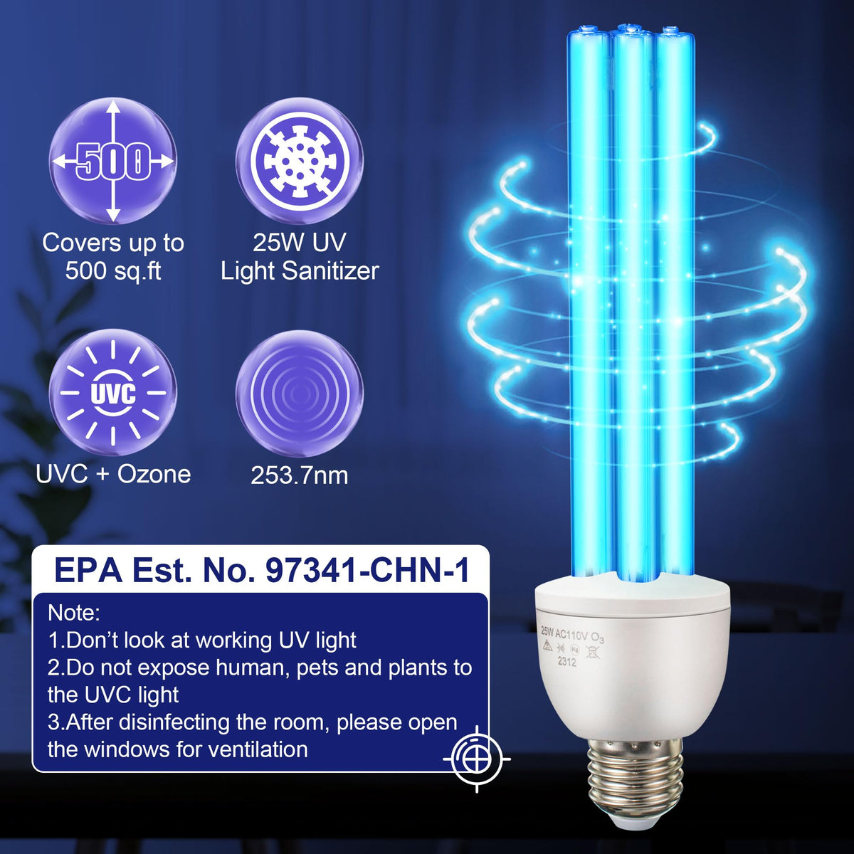Hiboom 25W UVC Disinfection Lamp, 254nm UV Bulbs with E27 Base, 360° Sterilization for 46 m², Effective for Bacteria Neutralization in Living Rooms, Kitchens, Offices, and Basements