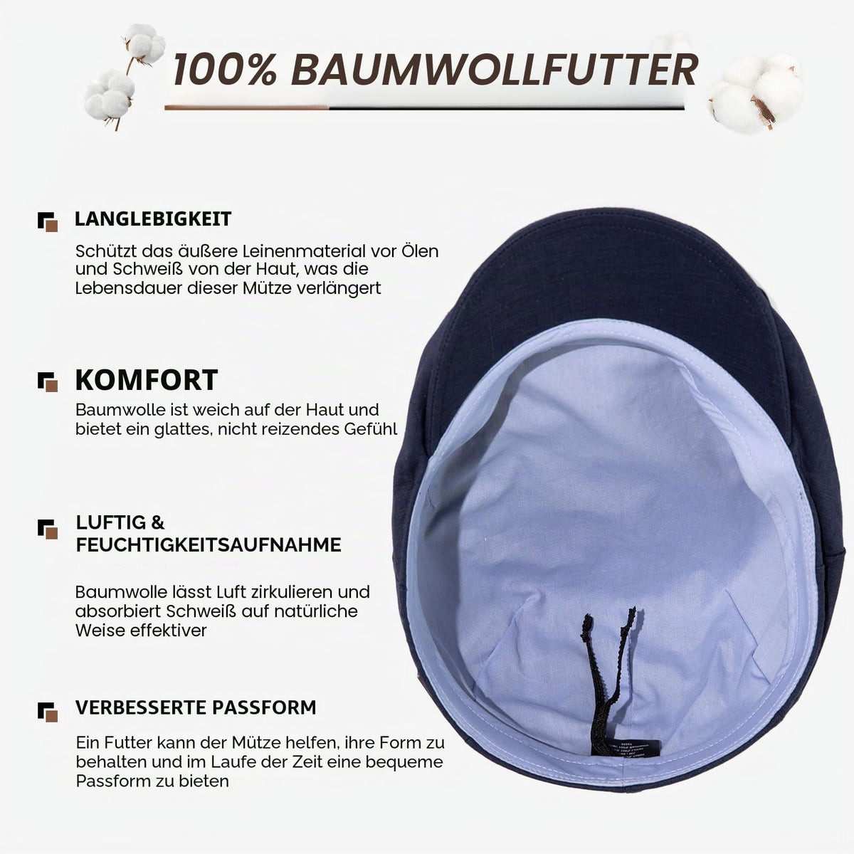 Șapcă bărbătească plată de vară din in 100% protecție UPF50+ – Bleumarin XXL
