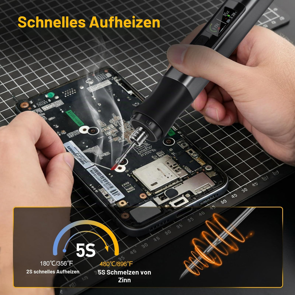 Cordless Soldering Iron 75W USB-C Rechargeable 150–480°C LED Display Auto Sleep – With Dock