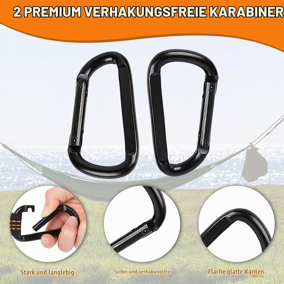 Hammock Suspension Straps 2-Pack with Hook Carabiners for Trees Camping – Black