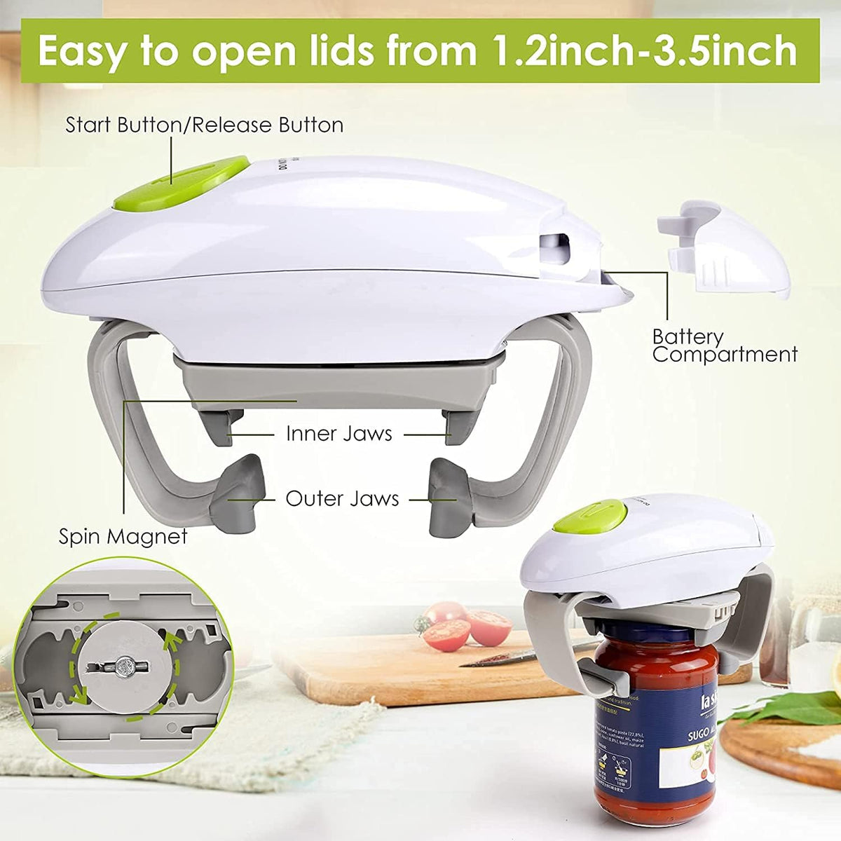 Chulovs Electric Can Opener, Kitchen Helper, Heavy Duty Automatic Can Opener for New Sealed Jars, Hands-Free Can Opener with Less Effort to Open (White)