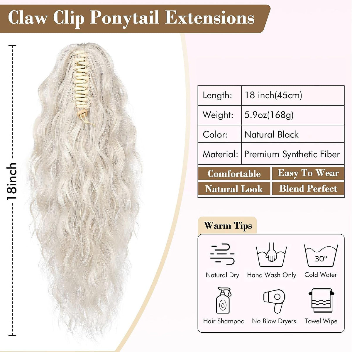 Ponytail Hairpiece Extensions Clip-in Synthetic – Platinum Blonde