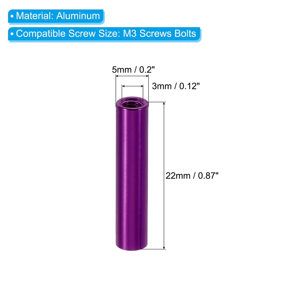 Distanțiere filetate din aluminiu M3 22 mm, set 6 bucăți – Mov