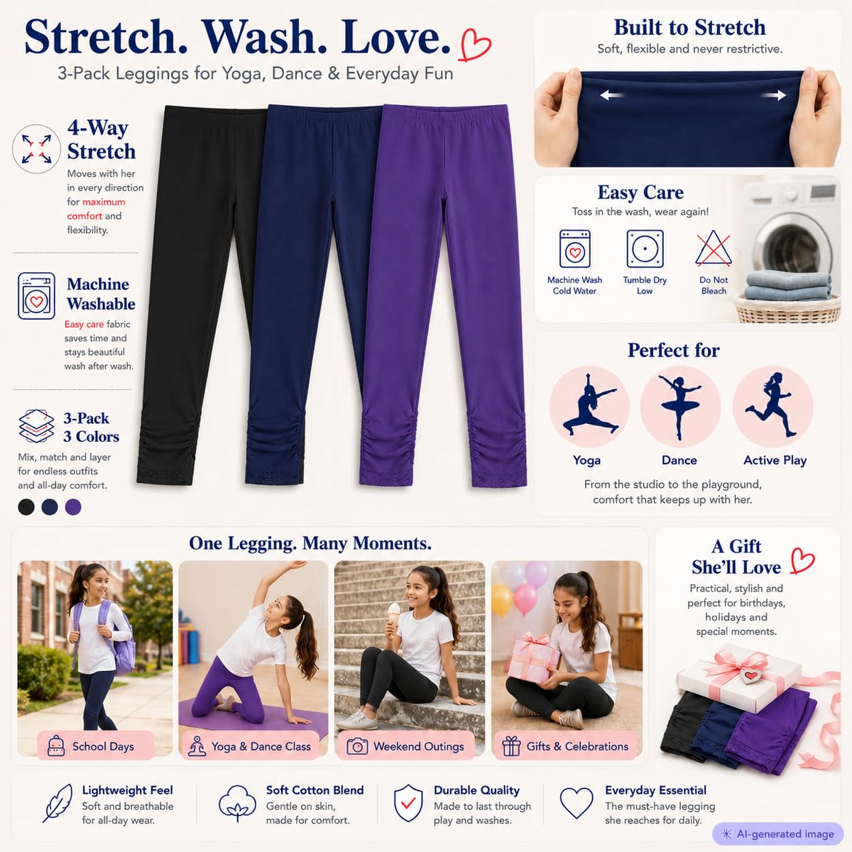 Girls' Stretch Leggings Cotton School Yoga Tights – Black/Purple/Navy 122