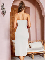 Rochie midi petrecută mulată elegantă Missufe cu bretele subțiri pentru cocktail și nuntă – Alb XL