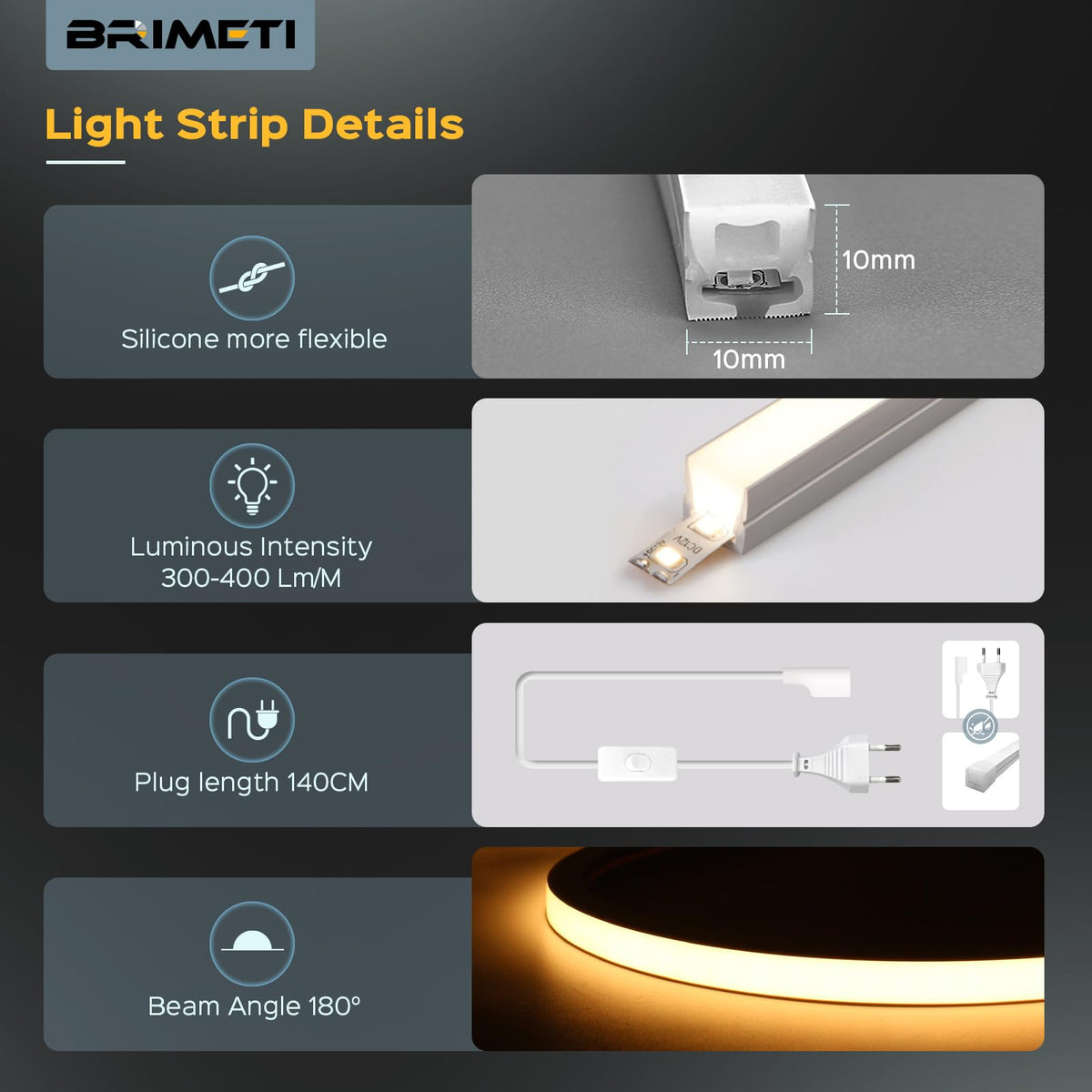 Furtun neon flexibil LED 2M 230V BRIMETI IP65 exterior 3000K cu alimentator – Galben